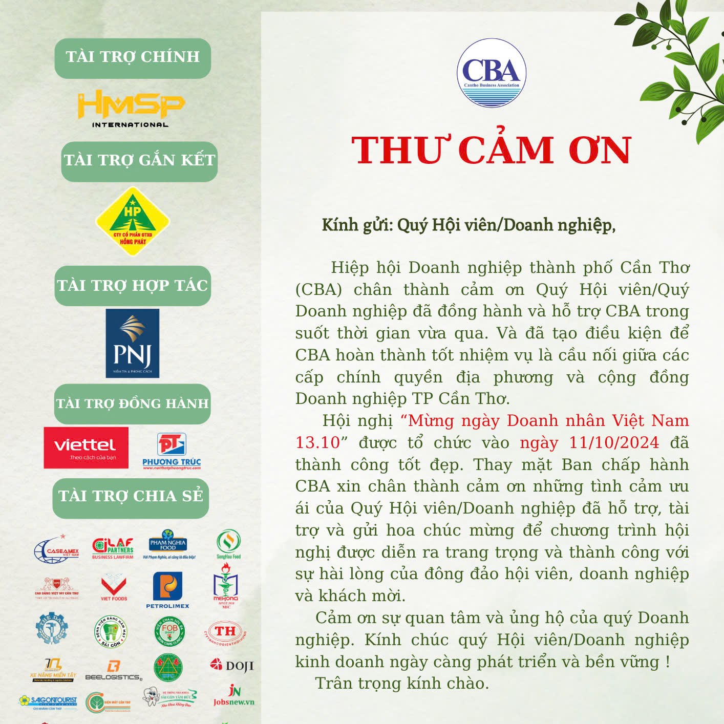 Thư Cảm Ơn & Tri Ân Nhà Tài Trợ Đồng Hành Cùng CBA Cần Thơ