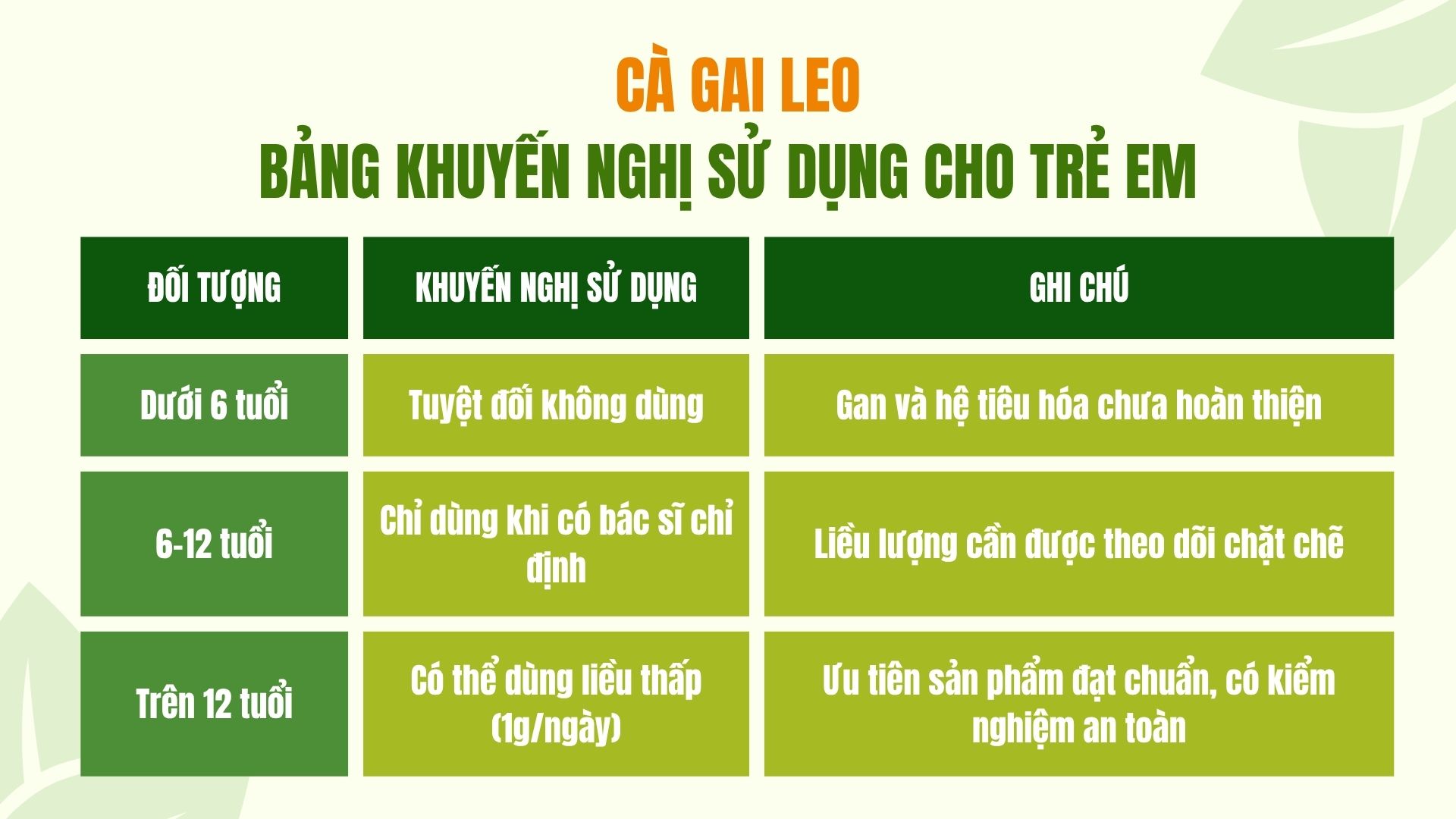 Bảng khuyến nghị sử dụng cà gai leo cho trẻ em