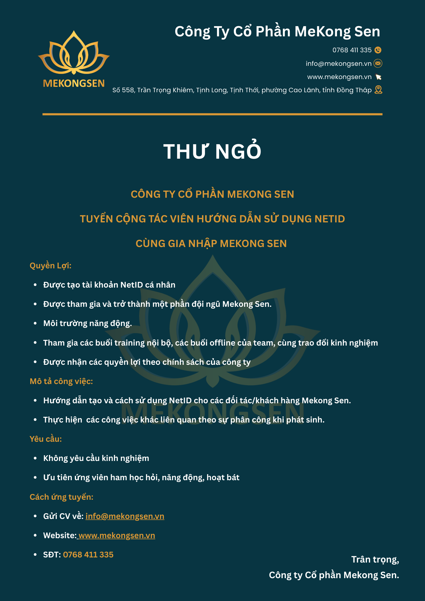 Công Ty Cổ Phần Mekong Sen Tuyển Cộng Tác Viên Hướng Dẫn Sử Dụng NetID