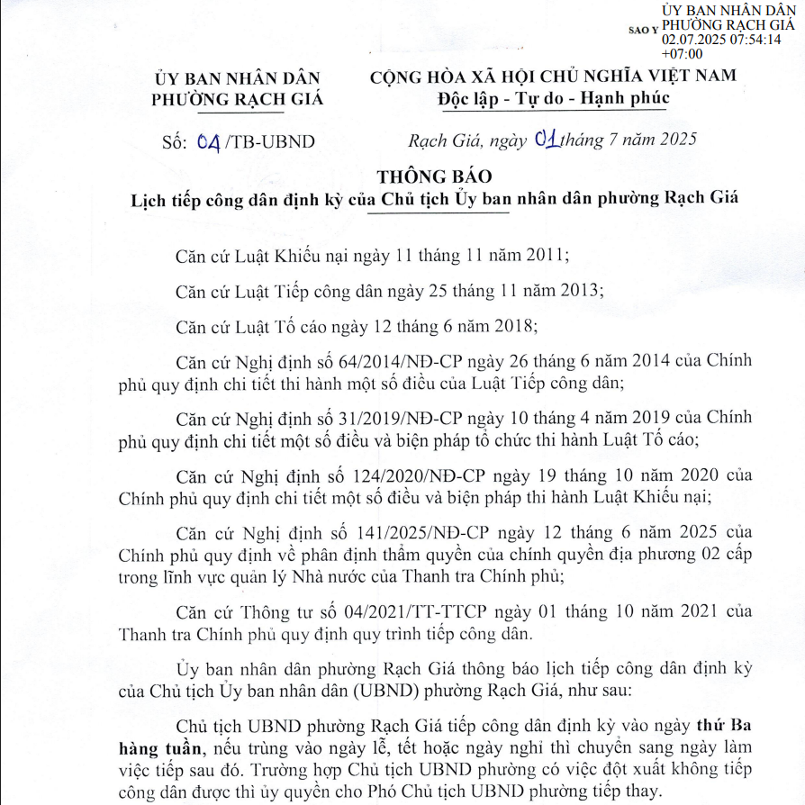 Thông Báo Lịch Tiếp Công Dân Định Kỳ Của Chủ Tịch UBND Phường Rạch Giá