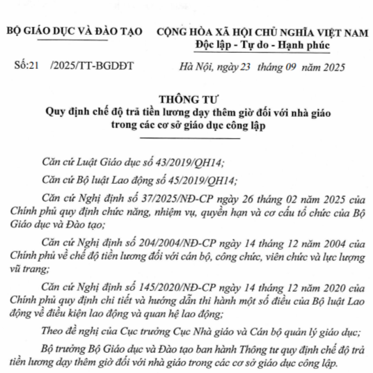 Thông Tư Số 21/2025/TT-BGDĐT Của Bộ Giáo dục Và Đào tạo: Quy Định Chế Độ Trả Tiền Lương Dạy Thêm Giờ Đối Với Nhà Giáo Trong Các Cơ Sở Giáo Dục Công Lập