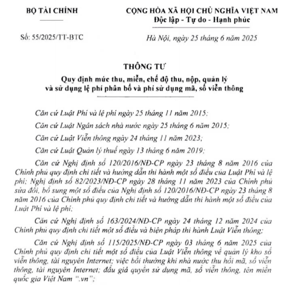 Thông Tư Số 55/2025/TT-BTC Của Bộ Tài Chính: Quy Định Mức Thu, Miễn, Chế Độ Thu, Nộp, Quản Lý Và Sử Dụng Lệ Phí Phân Bổ Và Phí Sử Dụng Mã, Số Viễn Thông