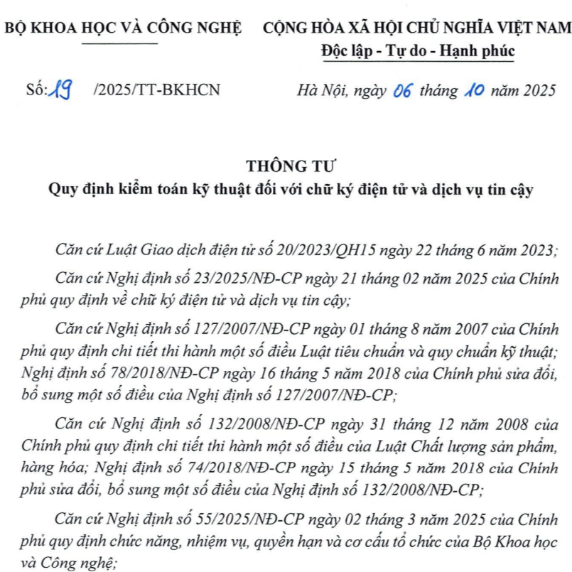 Thông Tư Số 19/2025/TT-BKHCN Của Bộ Khoa học Và Công nghệ: Quy Định Kiểm Toán Kỹ Thuật Đối Với Chữ Ký Điện Tử Và Dịch Vụ Tin Cậy