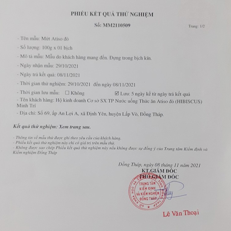 Phiếu Kiểm Nghiệm Mứt Atiso Đỏ