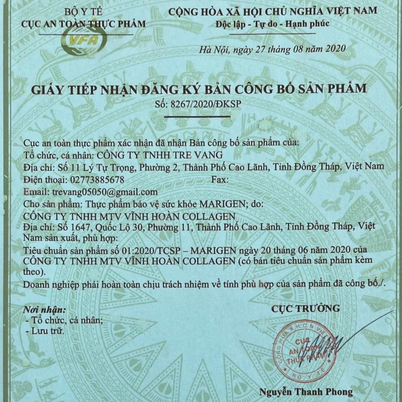 Giấy Công Bố Sản Phẩm Marigen Collagen