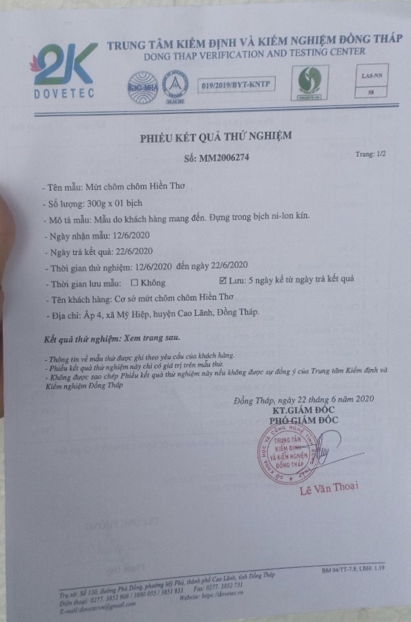 Phiếu Xét Nghiệm Mứt Chôm Chôm