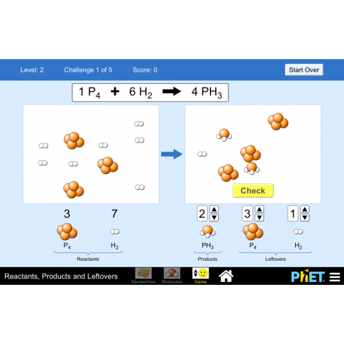 (Mô phỏng) Hóa học: Reactants, Products and Leftovers (Chất phản ứng, sản phẩm và thức ăn thừa)