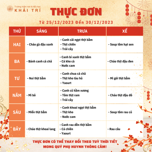 Thực Đơn Tuần Mới (Từ 25/12 Đến 30/12)