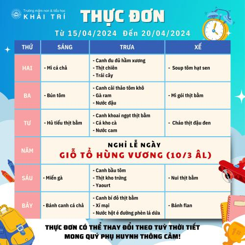 Thực Đơn Tuần Mới (Từ 15/04/2024 - 20/04/2024)