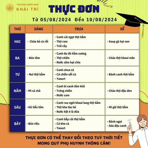 Thực Đơn Tuần Mới (Từ 05/08/2024 - 10/08/2024)