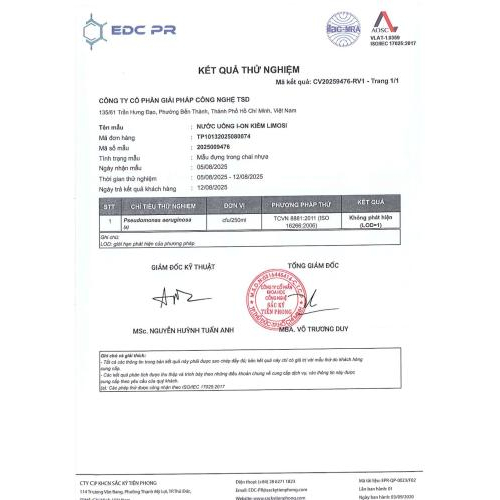 3. Phiếu kết quả thử nghiệm nước qua máy ion kiềm Limosi