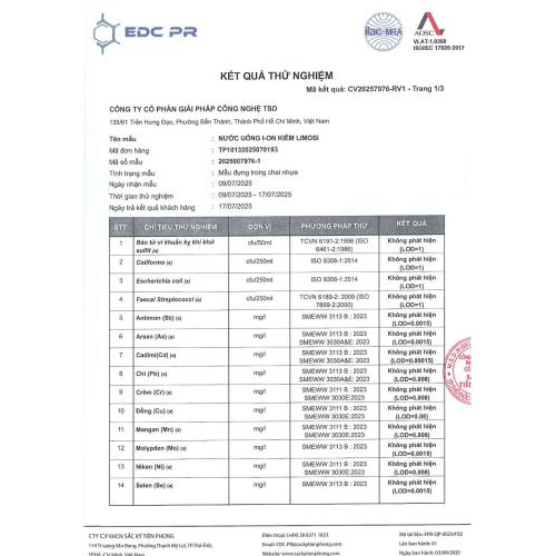 3. Phiếu kết quả thử nghiệm nước qua máy ion kiềm Limosi