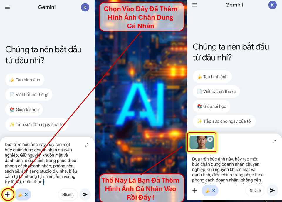 Bước 4: Trên thanh nhập nội dung đoạn chat chọn biểu tượng dấu cộng, tiếp tục chọn mục Ảnh