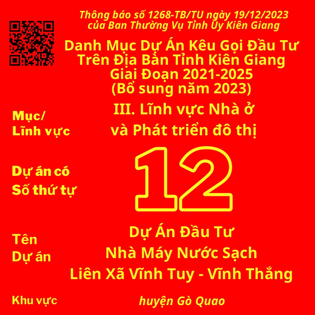 Dự án có Số TT 12: Dự Án Đầu Tư Nhà Máy Nước Sạch Liên Xã Vĩnh Tuy - Vĩnh Thắng