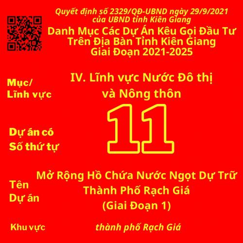 Dự Án Có Số TT 11: Mở Rộng Hồ Chứa Nước Ngọt Dự Trữ Thành Phố Rạch Giá (Giai Đoạn 1)