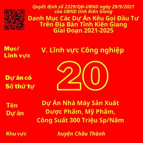 Dự Án Có Số TT 20: Dự Án Nhà Máy Sản Xuất Dược Phẩm, Mỹ Phẩm, Công Suất 300 Triệu Sp/Năm