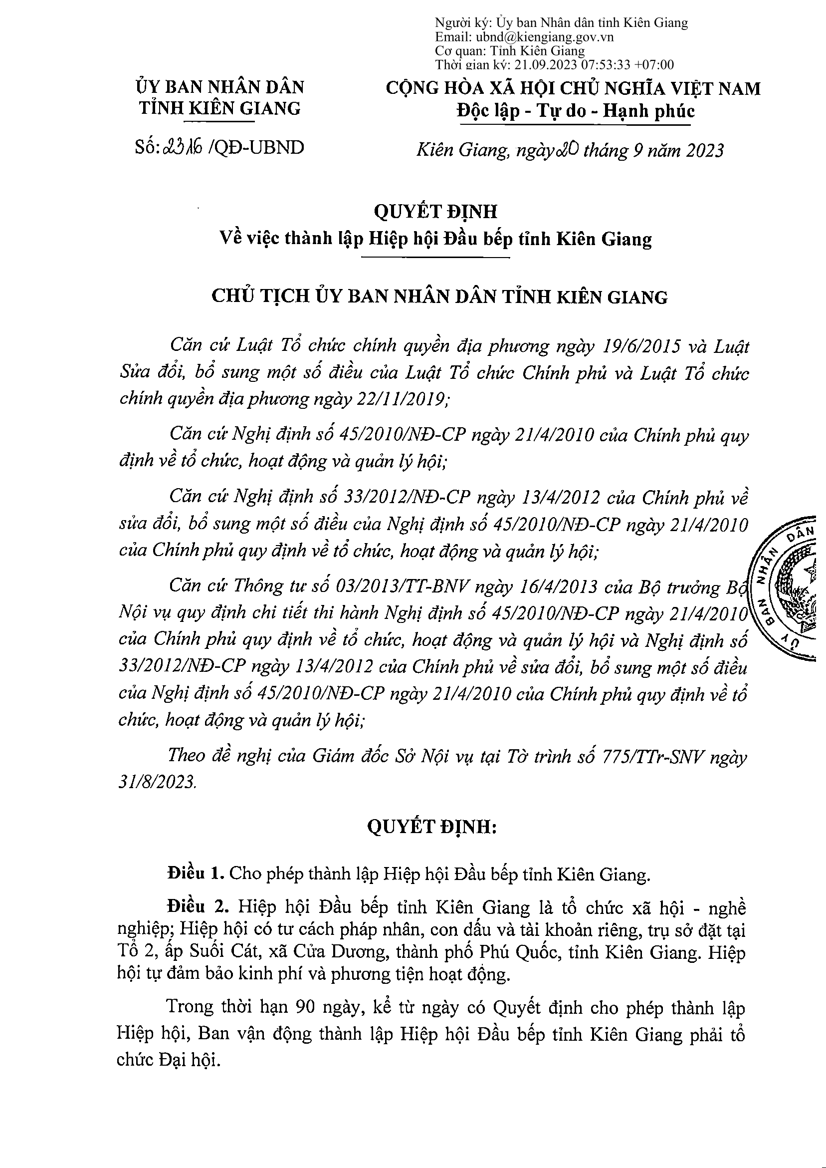 Quyết định thành lập Hiệp hội