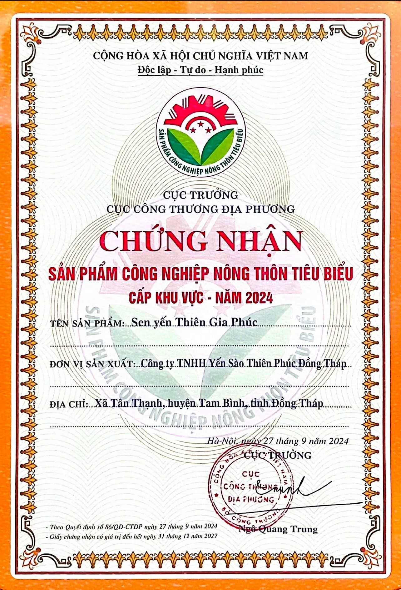 Chứng nhận Sản phẩm Công nghiệp Nông thôn Tiêu biểu Cấp Khu vực Năm 2024