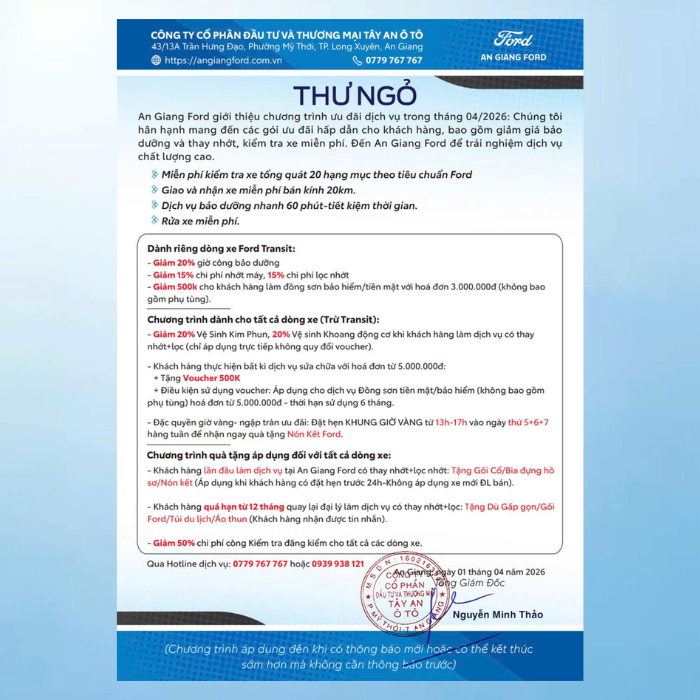An Giang Ford Ưu Đãi Dịch Vụ & Cập Nhật Giá Xe Tháng 04/2026