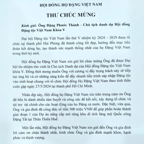 Thư Chúc Mừng Chủ Tịch Danh Dự Hội Đồng Đặng Tộc Việt Nam Khóa V